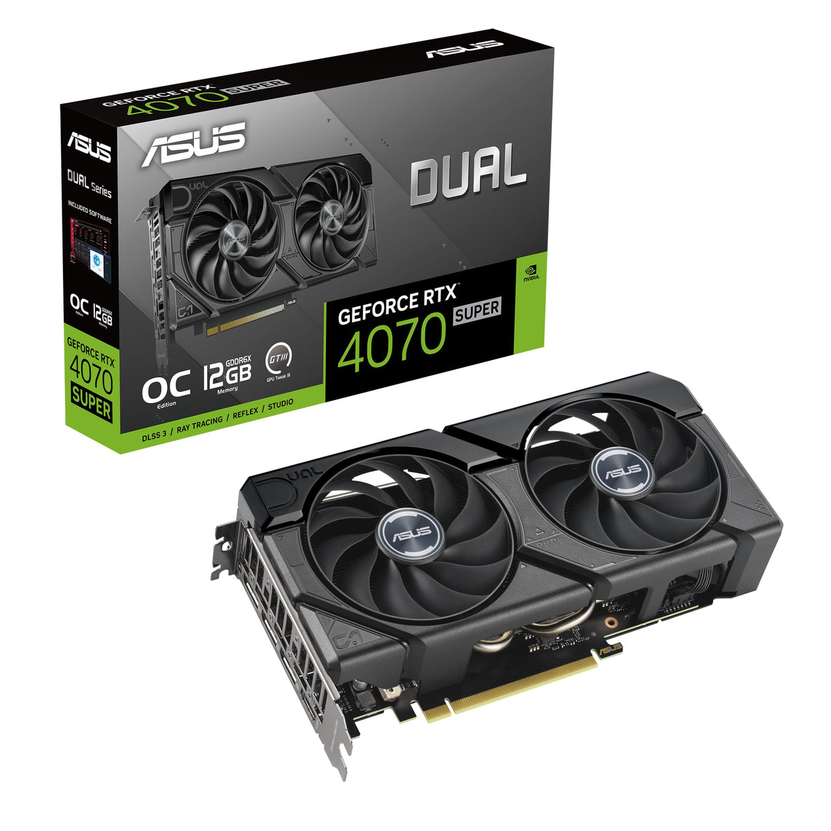 ASUS Dual GeForce RTX 4070 Super EVO OC Edition 12GB GDDR6X (PCIe 4.0, 12GB GDDR6X, DLSS 3, HDMI 2.1a, DisplayPort 1.4a, 2.5-Slot Design, Axial-tech Fan Design, 0dB Technology), 3 Year Warranty