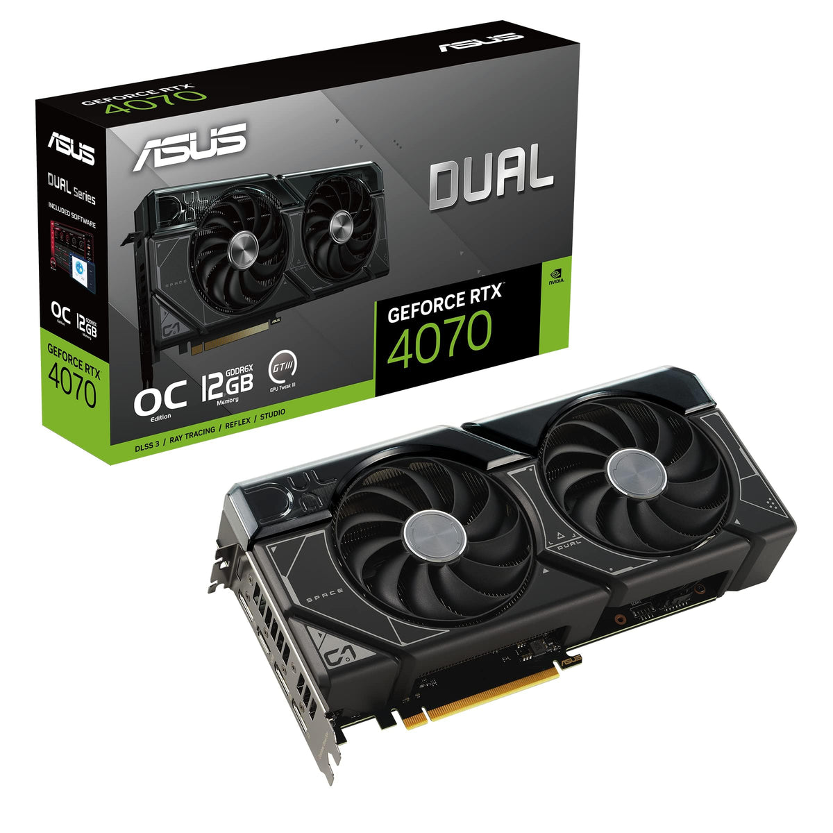ASUS Dual GeForce RTX 4070 OC Edition 12GB GDDR6X, IP5X, Auto-Extreme Technology, 144-Hour Validation Program, HDMI 2.1a, DP 1.4a, 3 Year Warranty
